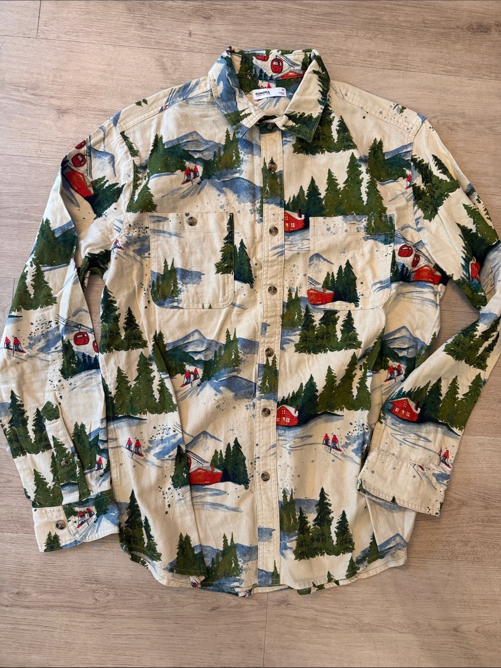 Sonoma Multicolor Scenic Ski Holiday Print Shirt with Red and Green Accents